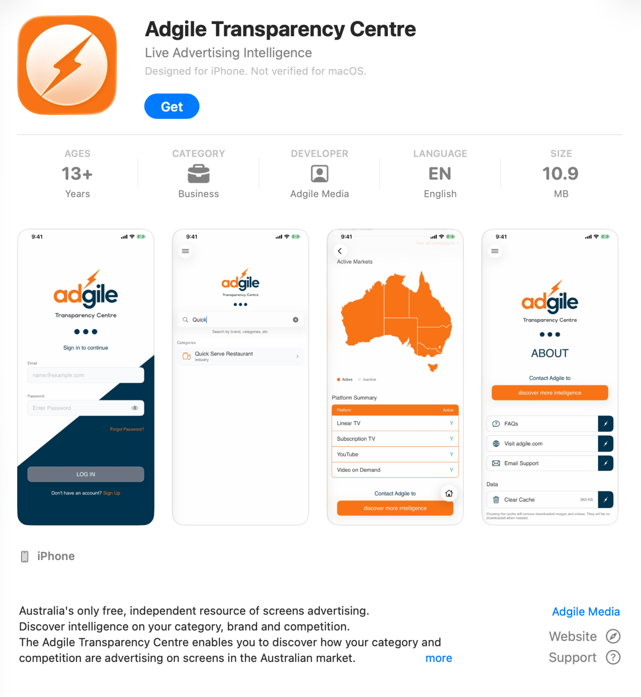 App listing preview showing Adgile Transparency Centre screenshots